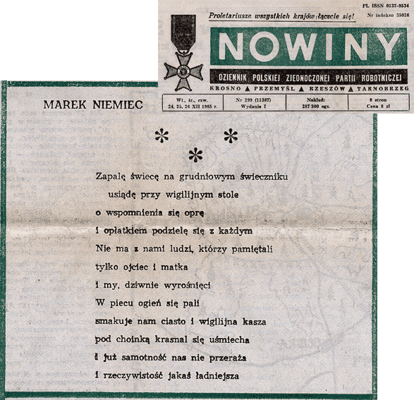 Nowiny - 25, 25, 28 XII 1985 wiersz Marka Niemca